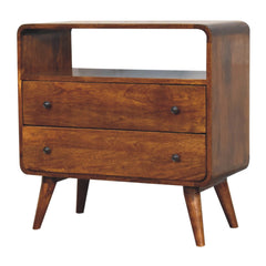 Solid Wood Curved Nordic Charm Console, 2-Drawers, 1-Openn Storage, Nordic Legs, Brown