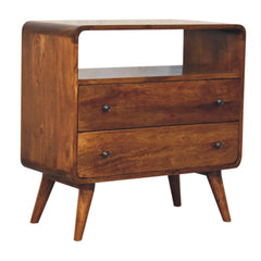 Solid Wood Curved Nordic Charm Console, 2-Drawers, 1-Openn Storage, Nordic Legs, Brown