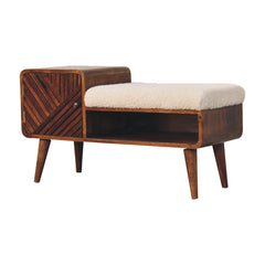Solid Wood Carved Telephone Table, Boucle Upholstered, Chestnut, Beige and Brown