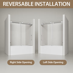 56"-60" W x 60" H Frameless Single Sliding Shower Door, Chrome Bathtub Door, 5/16" (8mm) Clear Tempered Glass With Explosion-proof Film, Stainless Steel Handle