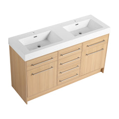 60" Freestanding Bathroom Vanity with Double Resin Sink, 2-Soft Closing Door & 6-Soft Closing Drawer, Original Oak, Plywood