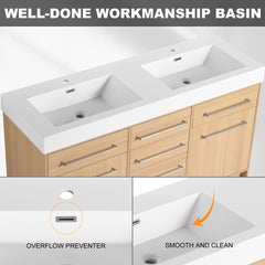 60" Freestanding Bathroom Vanity with Double Resin Sink, 2-Soft Closing Door & 6-Soft Closing Drawer, Original Oak, Plywood