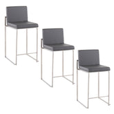 Fuji 26" Contemporary High Back Counter Stool in Stainless Steel and Grey Faux Leather by LumiSource - Set of 3