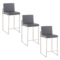 Fuji 26" Contemporary High Back Counter Stool in Stainless Steel and Grey Faux Leather by LumiSource - Set of 3