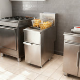 Commercial Natural Gas Fryer 120,000 BTU Stainless Steel Floor-Standing Fryer with Casters 50-Pound Oil Capacity Includes 2 Fry Baskets and 4 Heating Tubes Ideal for Restaurants and Food Trucks