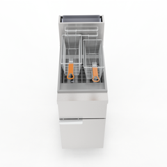 Commercial Natural Gas Fryer 120,000 BTU Stainless Steel Floor-Standing Fryer with Casters 50-Pound Oil Capacity Includes 2 Fry Baskets and 4 Heating Tubes Ideal for Restaurants and Food Trucks