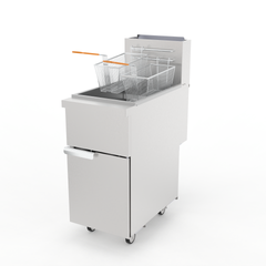 Commercial Natural Gas Fryer 120,000 BTU Stainless Steel Floor-Standing Fryer with Casters 50-Pound Oil Capacity Includes 2 Fry Baskets and 4 Heating Tubes Ideal for Restaurants and Food Trucks