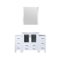 White Bath Vanity 54 in. W x 18.25 in. D, with Side Cabinets, White Ceramic Top, and 28 in. Mirror