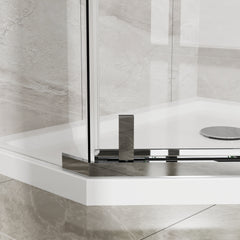 Goodyo Neo-Angle Frameless Shower Door 36 in. D x 36 in. W x 72 in. H Corner Shower Enclosure with White Acrylic Shower Base Combo, Pivot Shower Door in Chrome Finish
