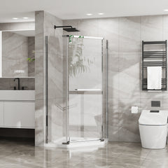 Goodyo Neo-Angle Frameless Shower Door 36 in. D x 36 in. W x 72 in. H Corner Shower Enclosure with White Acrylic Shower Base Combo, Pivot Shower Door in Chrome Finish