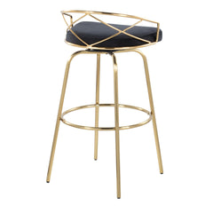 Charlotte Glam 30" Glam/Art Deco Fixed-Height Barstool with Swivel in Gold Metal and Black Velvet with Round Footrest by LumiSource - Set of 2
