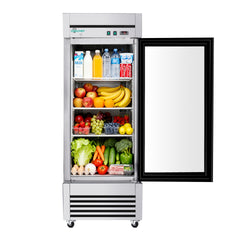 27" Single Glass Door Commercial Reach-In Display Refrigerator, 33–40°F Merchandiser Cooler, Stainless Steel, R290, ETL DOE