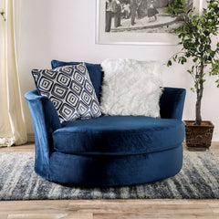 Transitional Style 1pc Round Chair Curved Arms Wooden Legs Zipper Cushion Navy Finish Pillows Included
