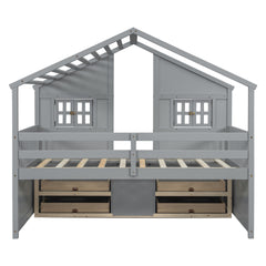 Full Size House Loft Bed with Roof, Windows,4 Storage Drawers,Pine Wooden Bed with Safety Guardrails,Ladder,Grey