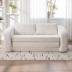 71" 2-in-1 Pull Out Foldable Loveseat Sofa Bed with Armrest & Backrest Pillows, Convertible Chenille Boneless Cloud Floor Mattress Sleeper Lounge Couch for Living Room Bedroom Guestroom Dorm, Ivory