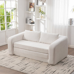 71" 2-in-1 Pull Out Foldable Loveseat Sofa Bed with Armrest & Backrest Pillows, Convertible Chenille Boneless Cloud Floor Mattress Sleeper Lounge Couch for Living Room Bedroom Guestroom Dorm, Ivory