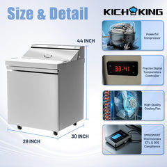 27" W 1 Door Refrigerator Sandwich Salad Prep Table Commercial Stainless Steel Fan Cooling Refrigerator with Cutting Board, 1 Shelves & 8 Pans for Restaurant, Bar, Shop-7.4 Cu.ft