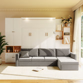 Queen Size Murphy Bed with Large Sofa, Storage Shelves & Cabinets, Modern Space-Saving Wall Bed with Dual Lights-White & Gray Sofa