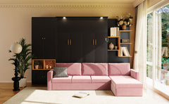 Queen Size Murphy Bed with Large Sofa, Storage Shelves & Cabinets, Modern Space-Saving Wall Bed with Dual Lights-Black & Pink Sofa