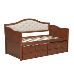 Twin Daybed with Trundle, Twin Size Daybed with 2 Storage Drawers, Wooden Sofa Bed with Upholstered Button Tufted Backrest for Living Room, Bedroom, Guest Room,Walnut