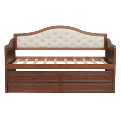 Twin Daybed with Trundle, Twin Size Daybed with 2 Storage Drawers, Wooden Sofa Bed with Upholstered Button Tufted Backrest for Living Room, Bedroom, Guest Room,Walnut