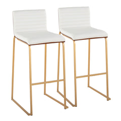 Mason Mara 30" Contemporary Fixed-Height Barstool in Gold Metal, Walnut Wood and White Faux Leather by LumiSource - Set of 2