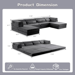 Compression Mahjong Sofa,Convertible Floor Sofa Bed,DIY Boneless Modular Sectional Sofa,No Assembly Required,Circle fleece fabric,Oversized 4 Seater with 2 Ottoman,Dark-grey