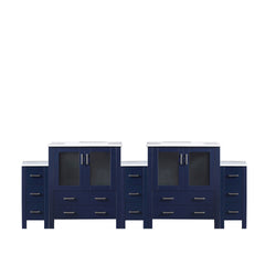 Navy Blue Double Bath Vanity 96 in. W x 18.25 in. D, with Side Cabinets, and White Ceramic Top