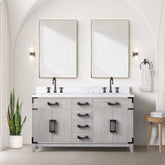 White Oak Double Bath Vanity 60 in. W x 22 in. D, Carrara Marble Top, and 28 in. Mirrors
