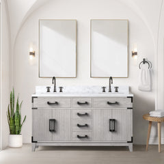 White Oak Double Bath Vanity 60 in. W x 22 in. D, Carrara Marble Top, and 28 in. Mirrors