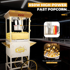 16Oz Commercial Popcorn Machine With Cart and 16 Oz Kettle , Movie Theater Popcorn Machine, Silver Gray Pop Corn Machine with 3-Switch Control & Steel Frame Tempered Glass Doors
