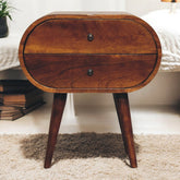 Solid Wood Large Chestnut Circular Bedside, 2-Drawers, Nordic Legs, Dark Brown