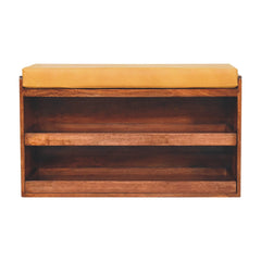 Solid Wood Buffalo Hide Pull out Honey Caramel Shoe Storage Bench, 2 Shelves, Yellow and Dark Brown