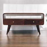 Solid Wood Curved California Walnut Media Unit, 2-Drawers, 1 Open Slot, Nordic Legs, Brown