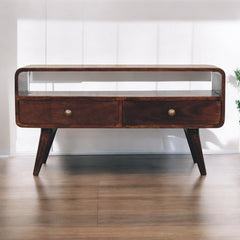Solid Wood Curved California Walnut Media Unit, 2-Drawers, 1 Open Slot, Nordic Legs, Brown