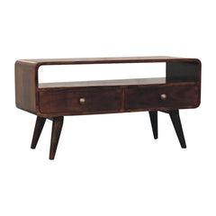 Solid Wood Curved California Walnut Media Unit, 2-Drawers, 1 Open Slot, Nordic Legs, Brown