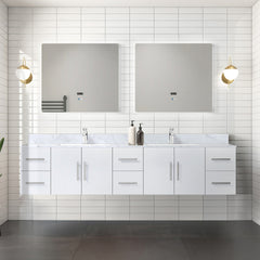 Glossy White Double Bath Vanity 84 in. W x 22 in. D, Carrara Marble Top, and 36 in. LED Mirrors