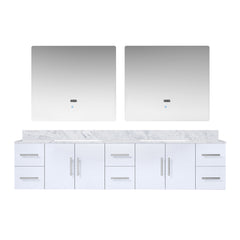 Glossy White Double Bath Vanity 84 in. W x 22 in. D, Carrara Marble Top, and 36 in. LED Mirrors