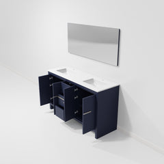 Navy Blue Double Bath Vanity 60 in. W x 20 in. D, Cultured Marble Top and 55 in. Mirror