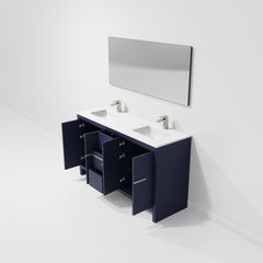Navy Blue Double Bath Vanity 60 in. W x 20 in. D, White Quartz Top, Gun Metal Faucet Set and 55 in. Mirror