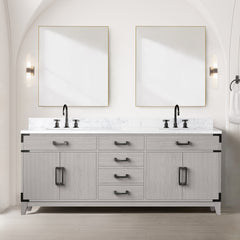 White Oak Double Bath Vanity 80 in. W x 22 in. D, Carrara Marble Top, Faucet Set, and 36 in. Mirrors