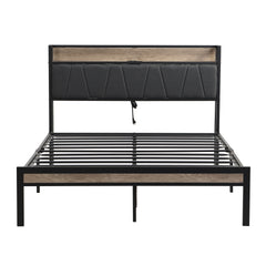 Queen Size Metal Platform Bed Frame with upholstery storage function Headboard and USB LINER and Footboard , No Box Spring Needed, Large Under Bed Storage, Easy Assemble