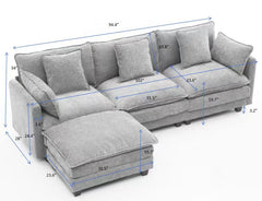 gray color 3-seat combo sofa with storage ottoman for living room apartment bedroom and compact room, Upholstered sectional Couch, L Shaped Bench with ottoman
