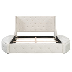 Upholstered Platform Bed Queen Size Storage Velvet Bed with Wingback Headboard and 1 Big Drawer,2 Side Storage Stool(Beige)(Old sku: LP000815AAA)