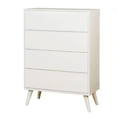 Modern Mid-Century Chest Four Drawers Recessed Handle Tapered Round Legs White Finish Bedroom