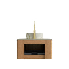 DINA 24" Bathroom Vanity&Sink, Floating Curved Edges Striped Cabinet with Drawer, Round Ceramic Basin with Stone Pattern&Travertine-Pattern Sintered Stone Top, Pre-assembled, Natural Woodgrain Color