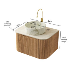 DINA 24" Bathroom Vanity&Sink, Floating Curved Edges Striped Cabinet with Drawer, Round Ceramic Basin with Stone Pattern&Travertine-Pattern Sintered Stone Top, Pre-assembled, Natural Woodgrain Color