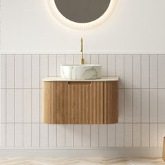 DINA 24" Bathroom Vanity&Sink, Floating Curved Edges Striped Cabinet with Drawer, Round Ceramic Basin with Stone Pattern&Travertine-Pattern Sintered Stone Top, Pre-assembled, Natural Woodgrain Color