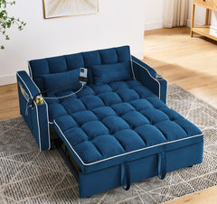 55.51 inch versatile foldable sofa bed in 3 lengths, modern sofa sofa sofa velvet pull-out bed, adjustable back and with USB port and ashtray and swivel phone stand (BLUE)
