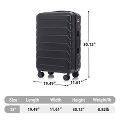 28 Inch ABS Hard Shell Large Travel Checked Luggage - Scratch Resistant Surface Four Multi-Directional Wheels, With Combination Lock and Side Hooks .(Black)